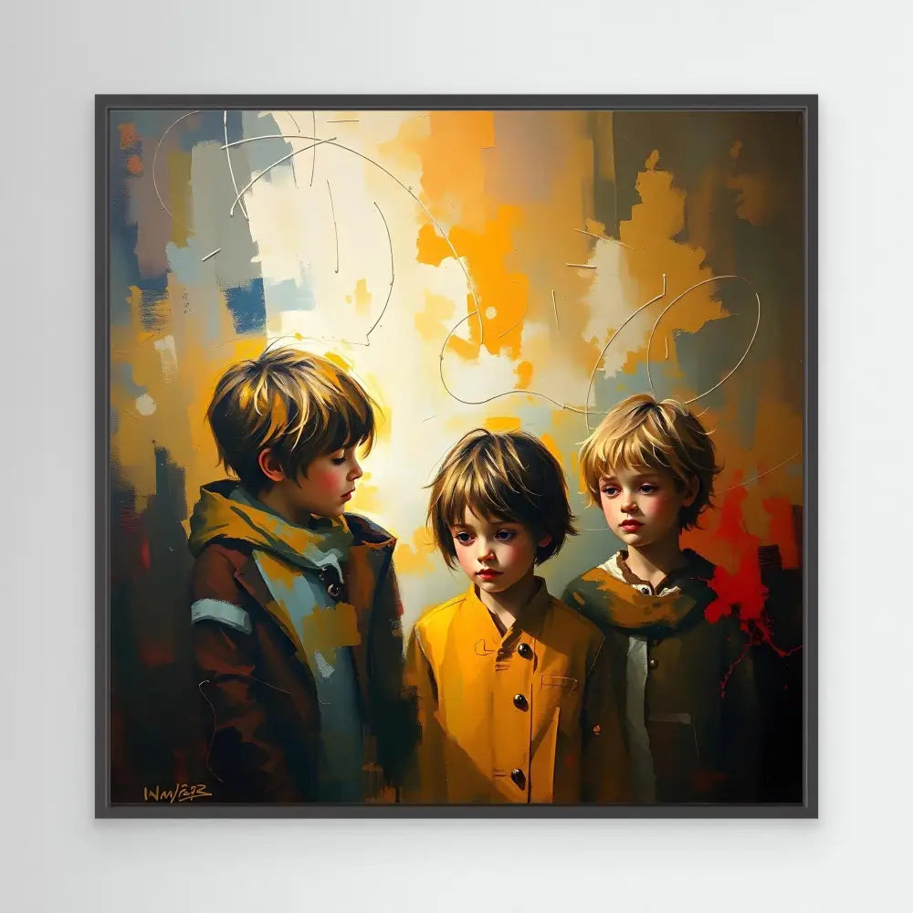 A painting of three young children in muted autumn-toned clothing.