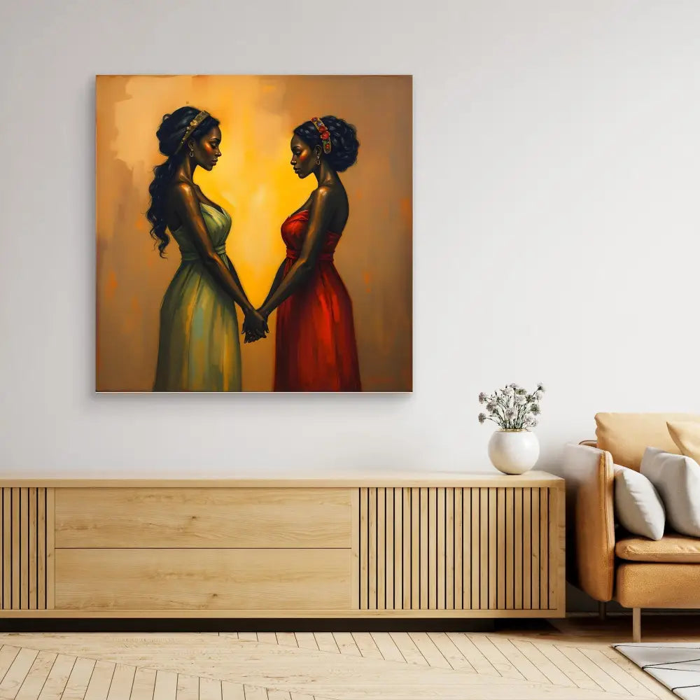 A painting of two figures in yellow and red dresses holding hands against a warm-toned background.