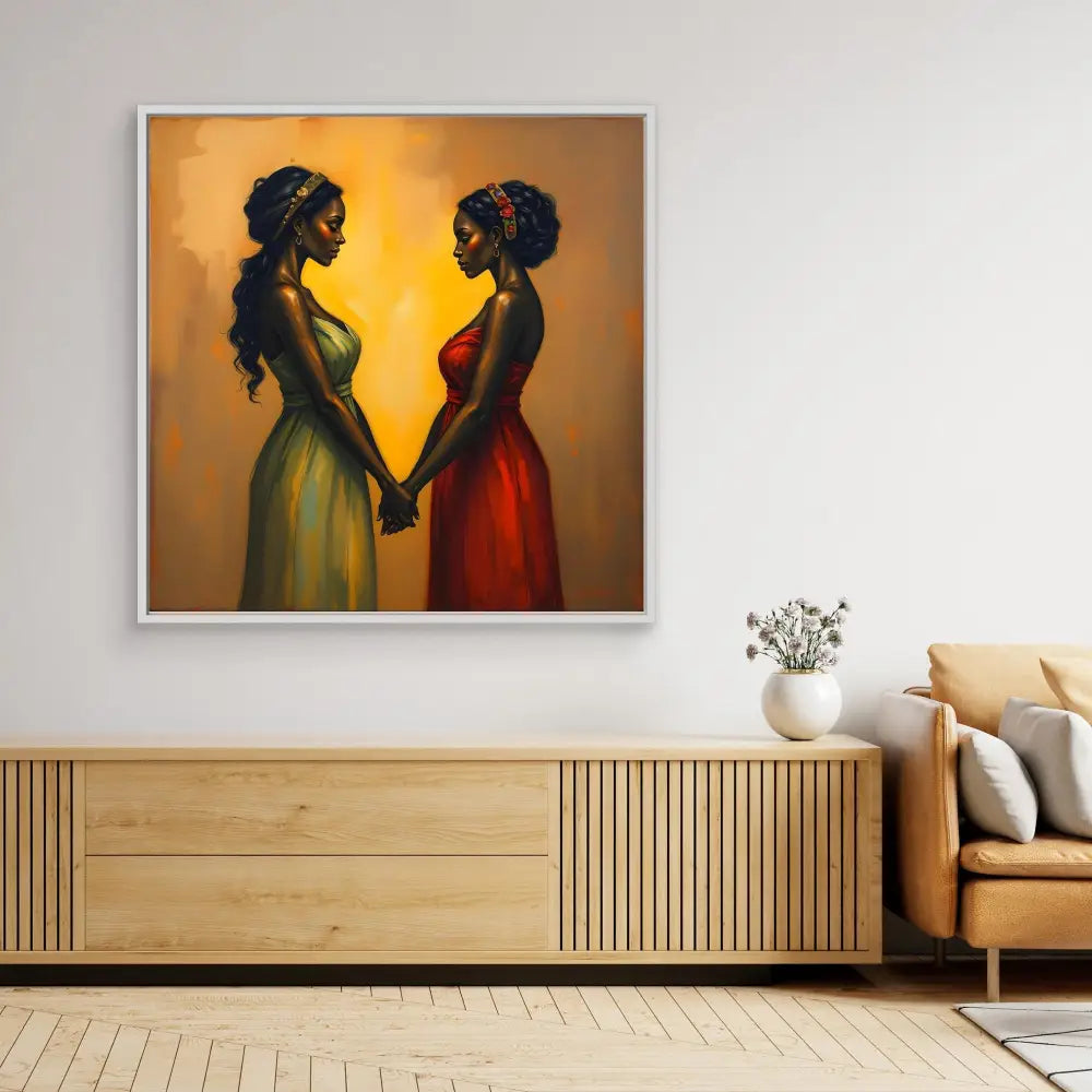 A painting of two silhouetted figures in yellow and red dresses holding hands against a warm-toned background.