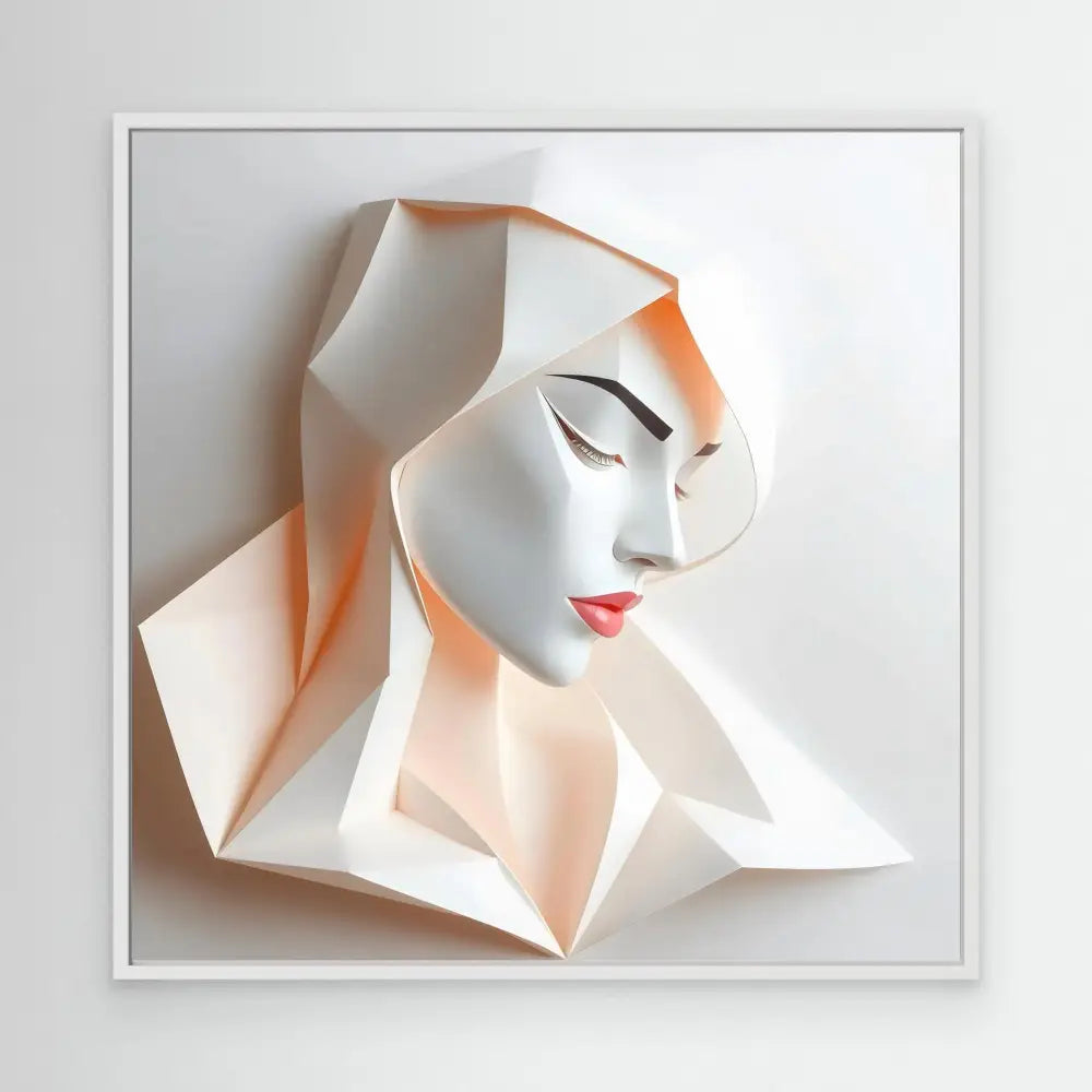 Paper sculpture of a serene face with closed eyes and red lips emerging from geometric folds.