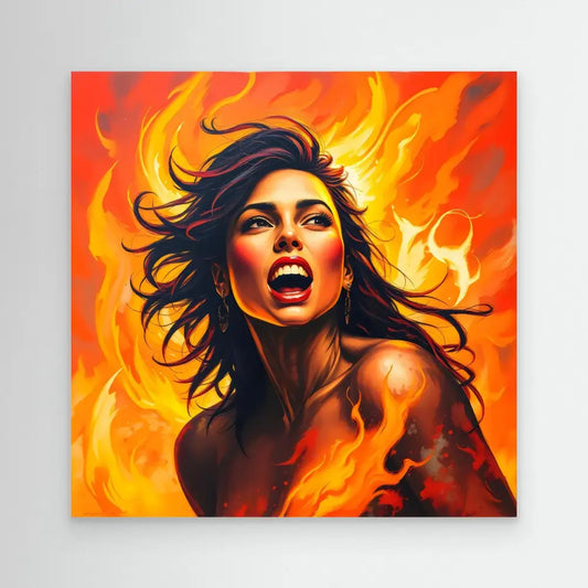 A passionate portrait painting with flowing dark hair against fiery orange flames.