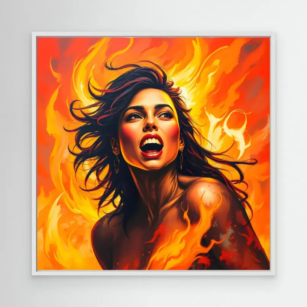 A passionate portrait painting with dramatic orange flames and windswept dark hair.