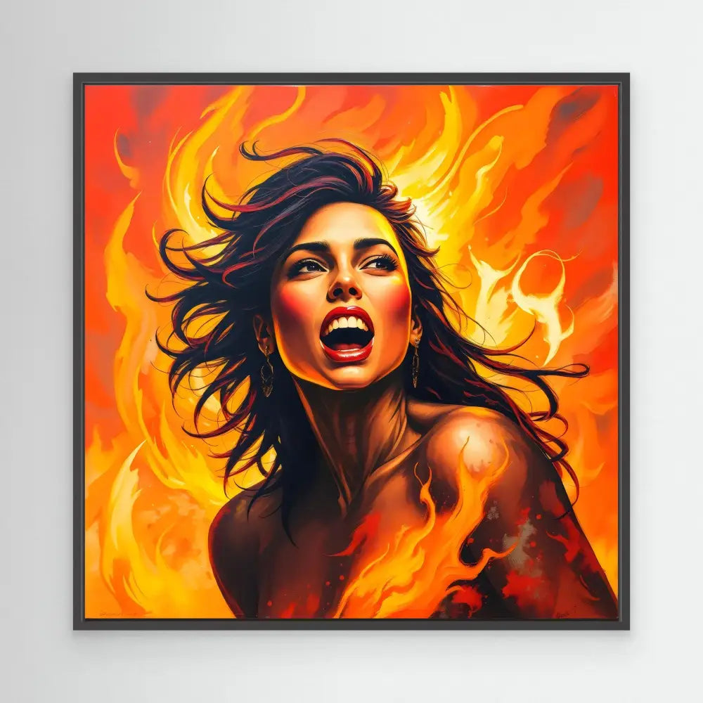 A passionate portrait painting with dramatic orange flames and windswept dark hair.