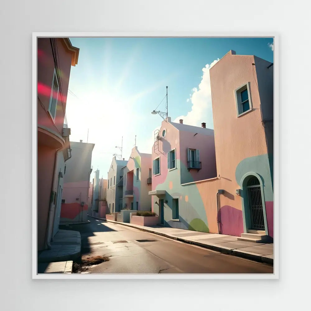 A pastel-colored street lined with Mediterranean-style houses.