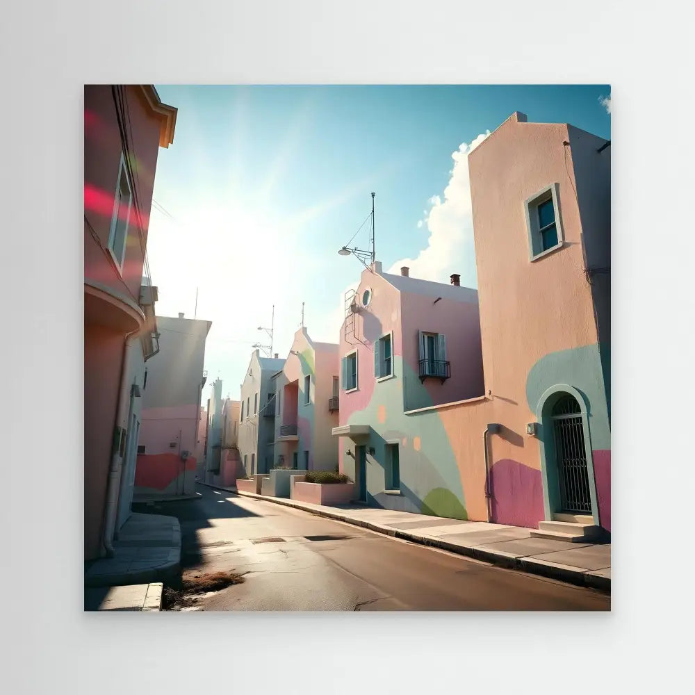 A pastel-colored street lined with Mediterranean-style houses.