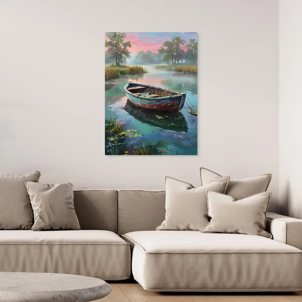 Peaceful painting of a wooden boat floating on tranquil waters.