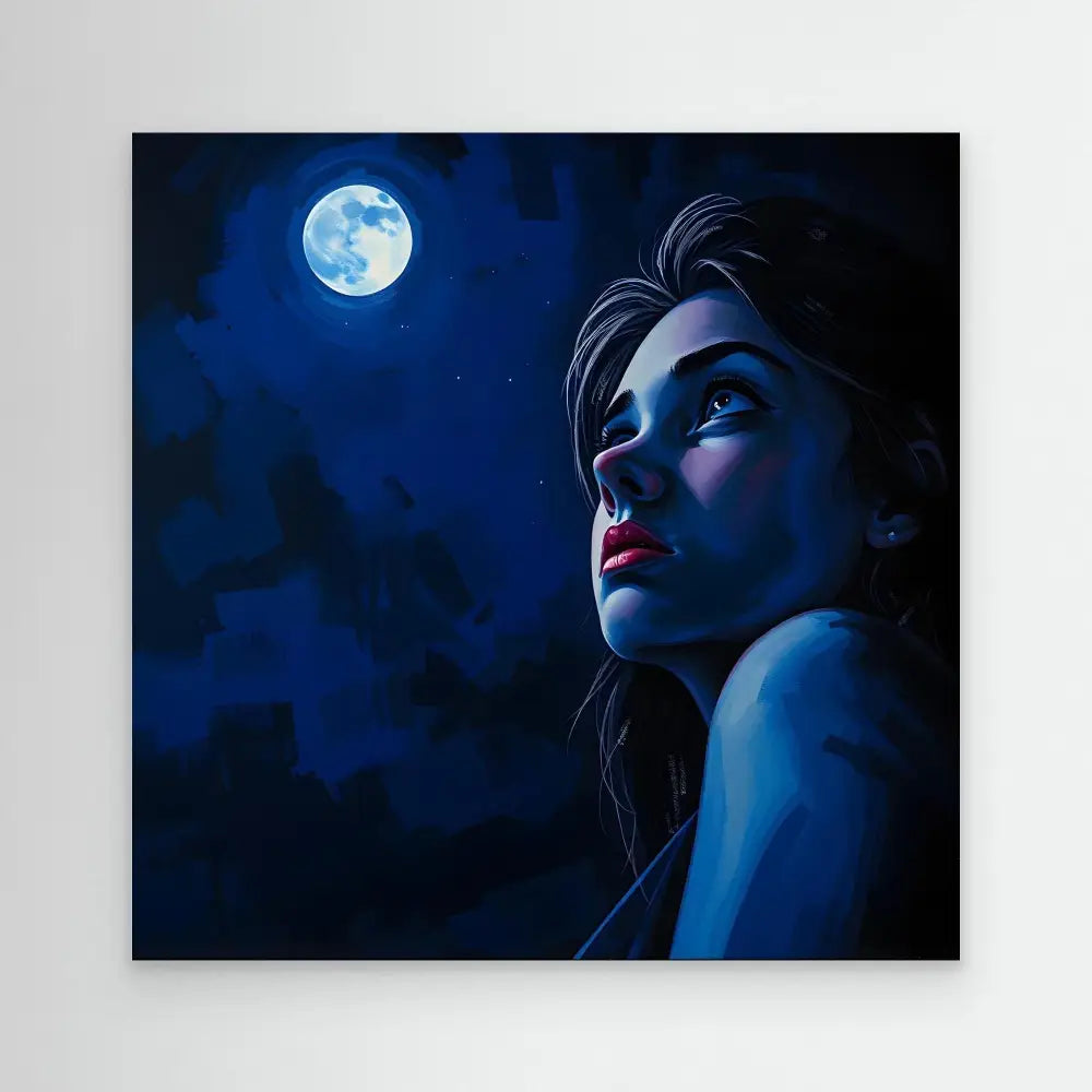 A person bathed in blue moonlight gazing upward with red lips.