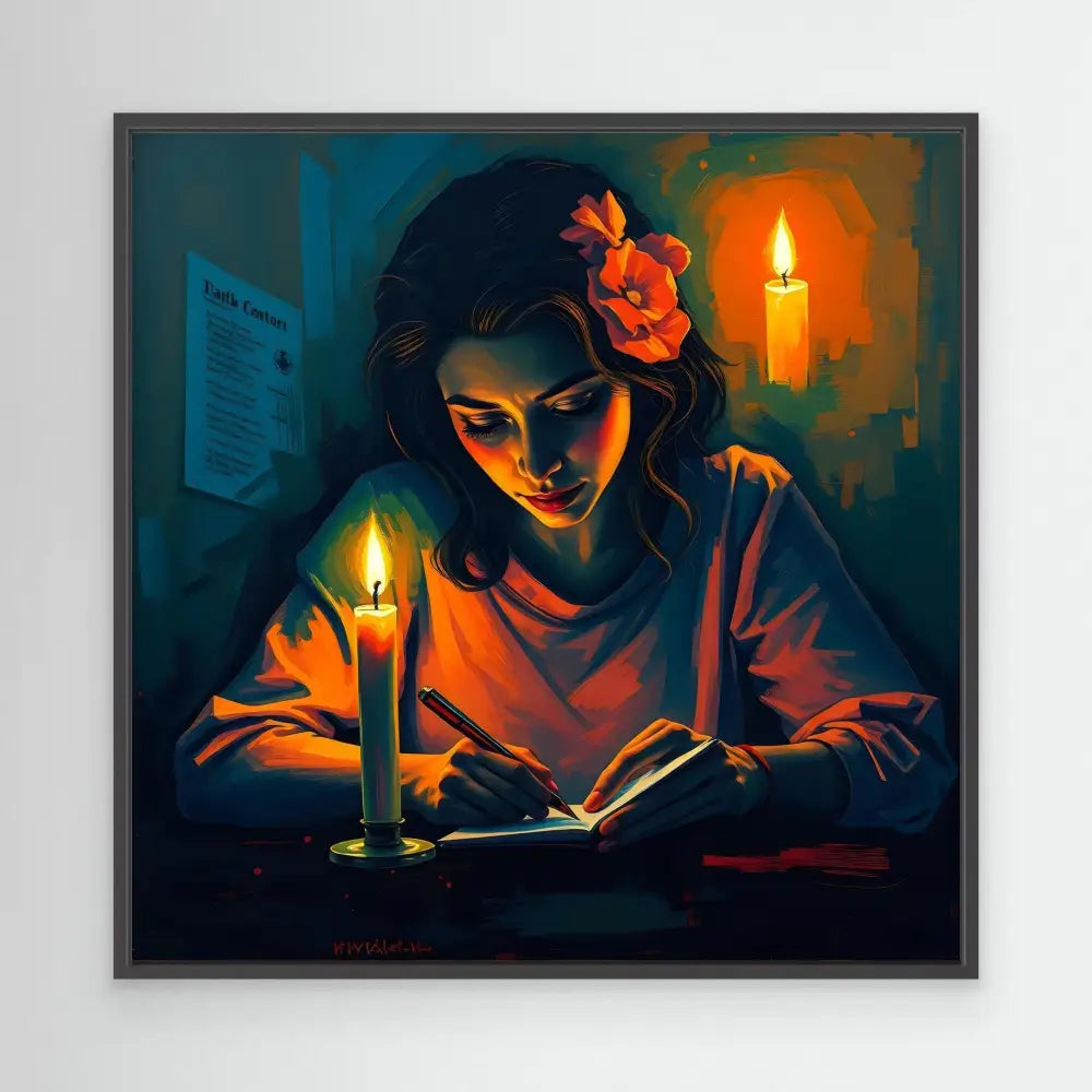 A person reading by candlelight in dramatic orange and blue lighting.