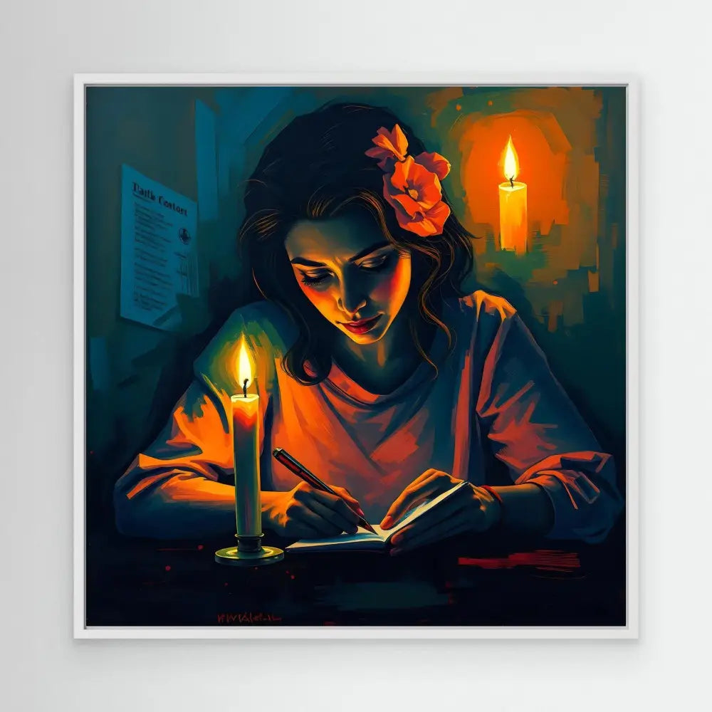 A person reading by candlelight while wearing a red garment with a flower in their hair.