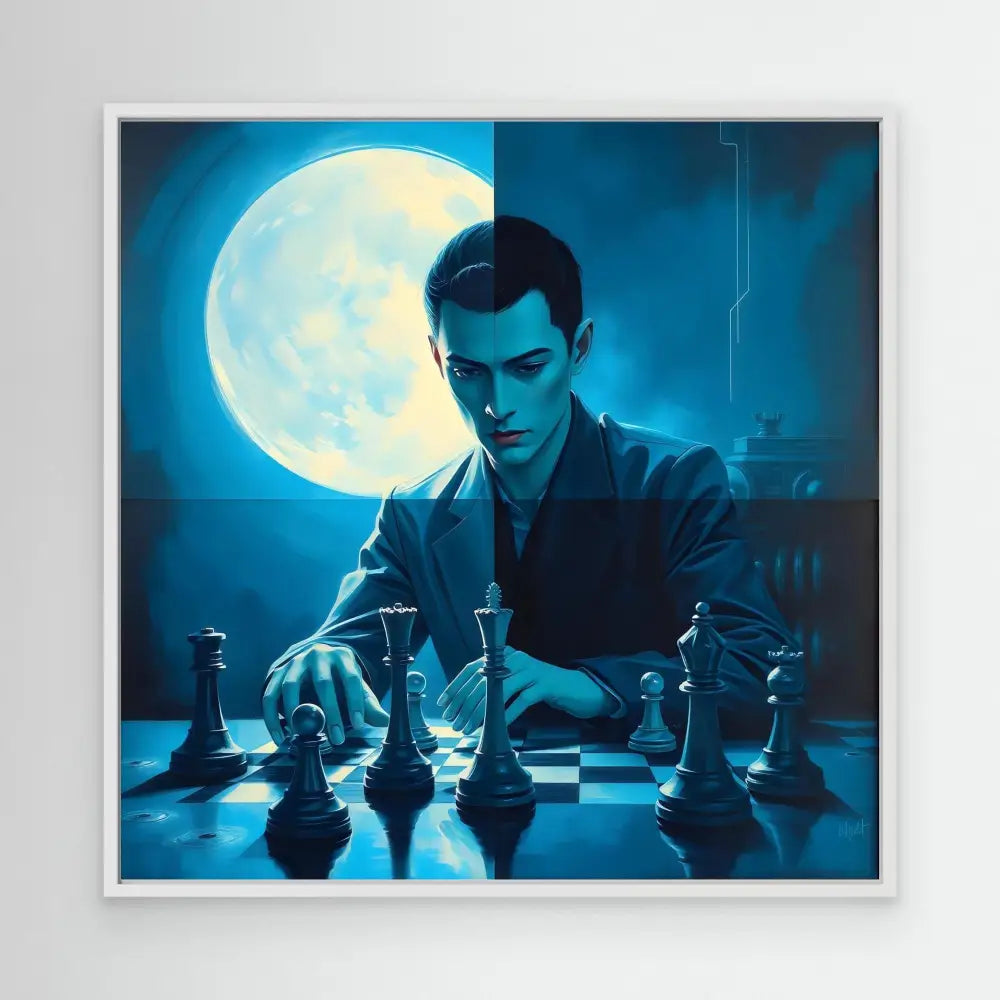 A person playing chess under a full moon with dramatic blue lighting.