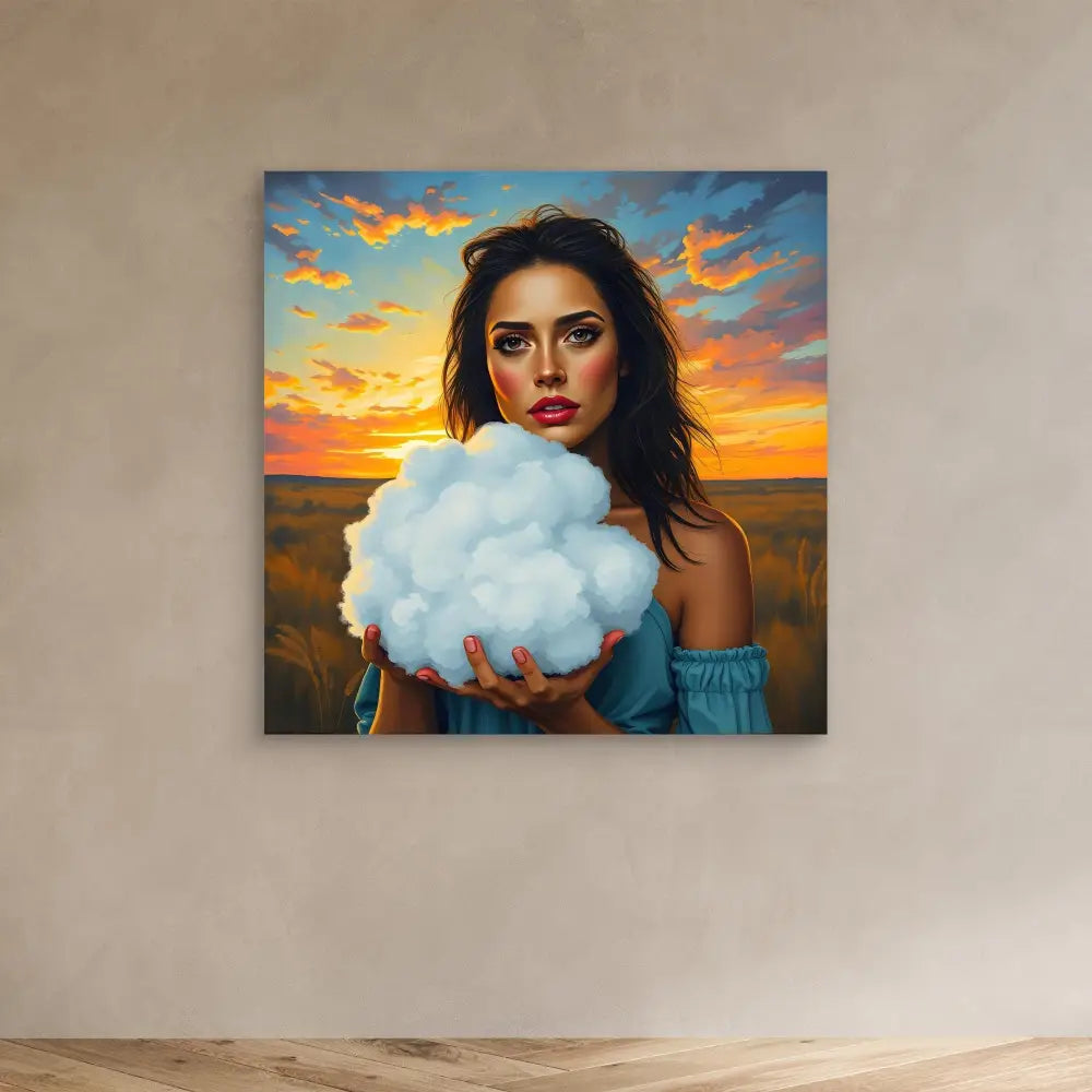 A person holding a fluffy white cloud against a sunset sky.