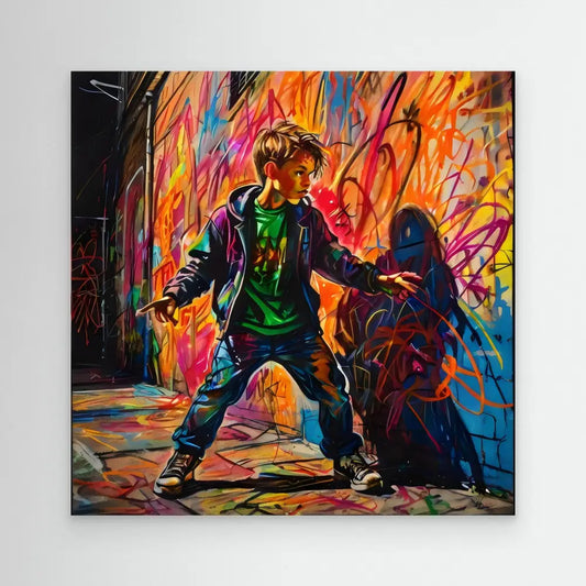 A person in a green hoodie and jeans strikes a dynamic dance pose against vibrant graffiti-style artwork.