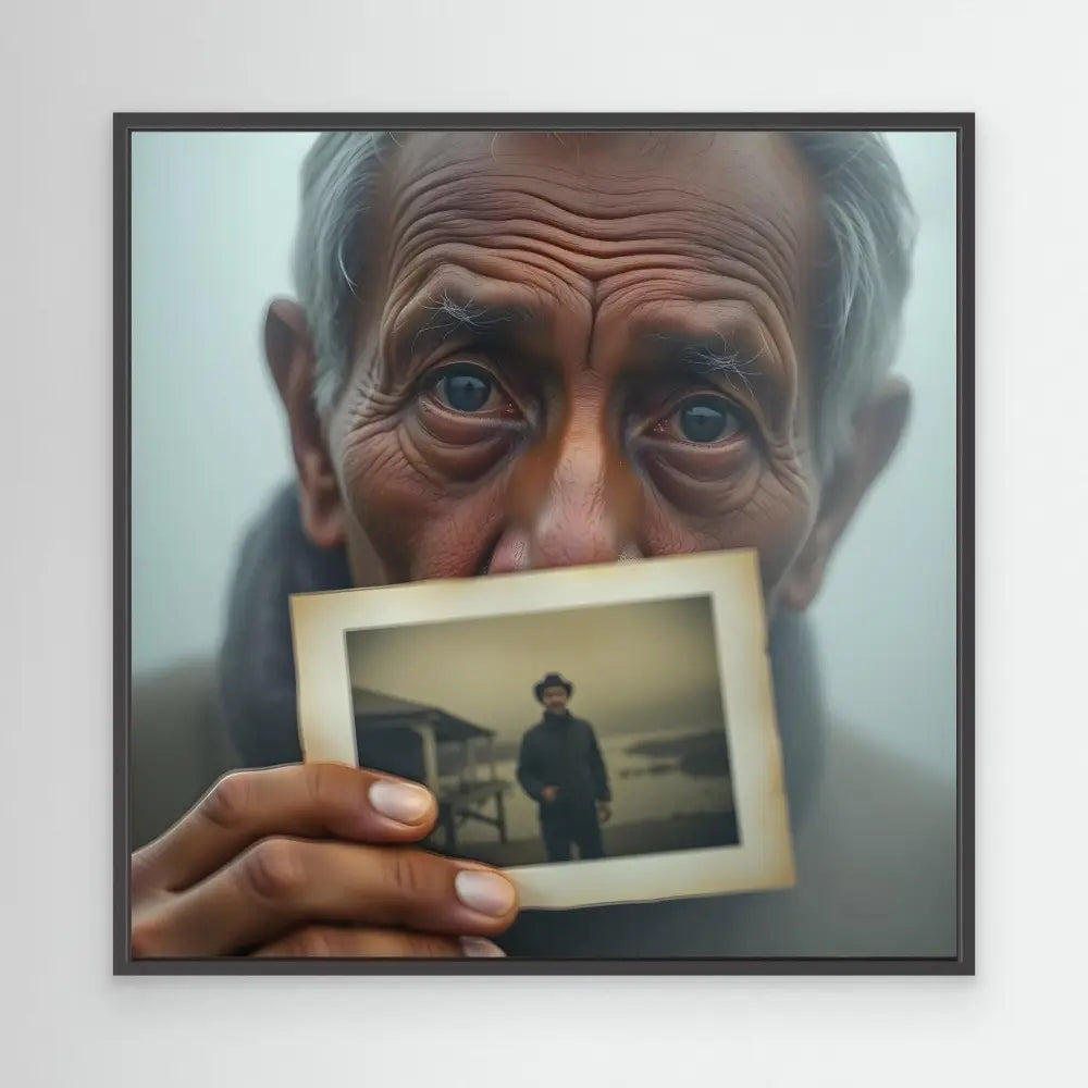 A person holding an old photograph while looking at the camera with intense blue eyes.