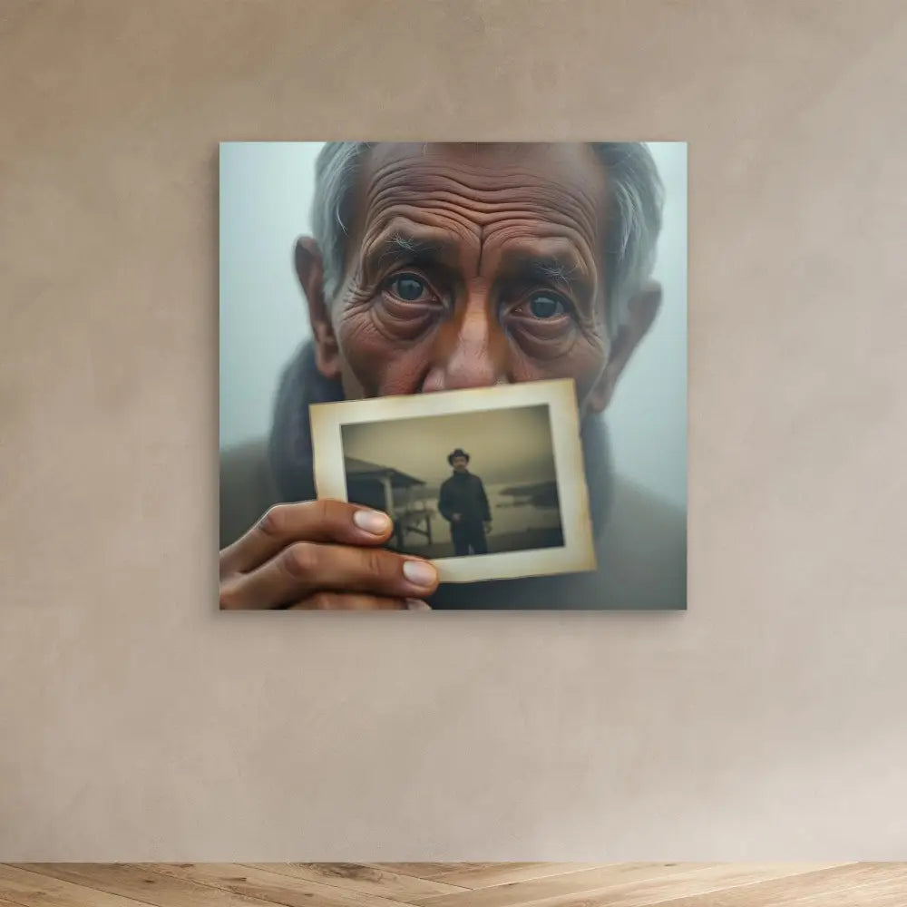 A person holding up an old photograph in front of their face.