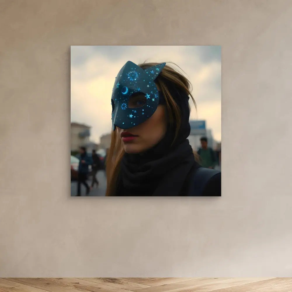 A person wearing a sparkly blue mask that partially covers their face.