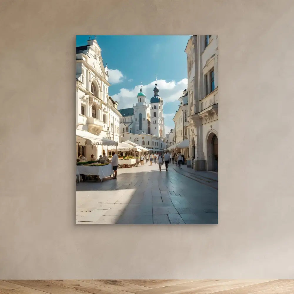 A picturesque European street with historic white buildings and church towers.