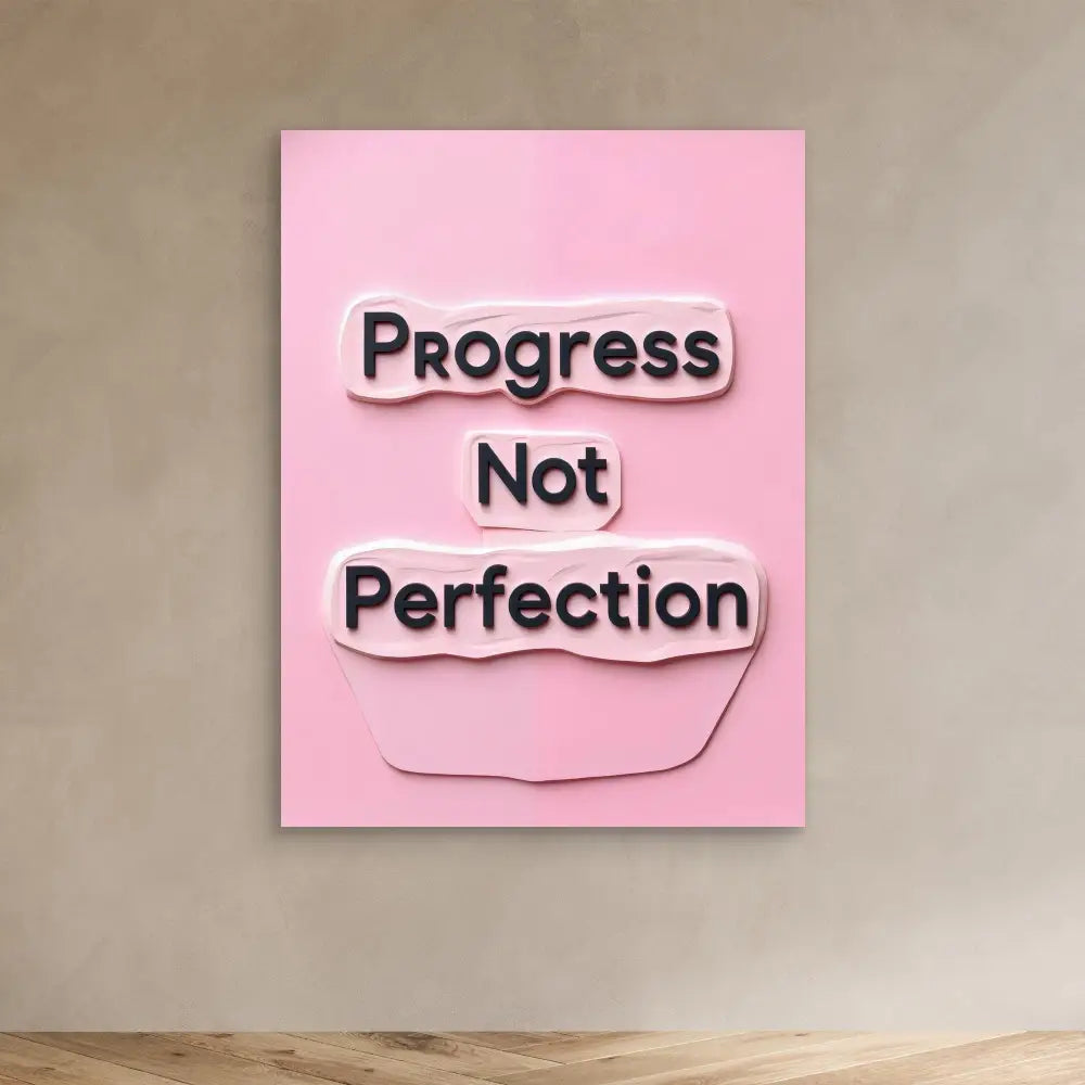 A pink motivational wall art displaying the text ’Progress Not Perfection’