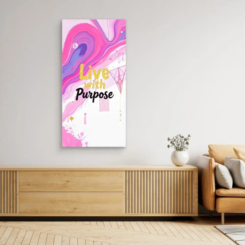 A pink and purple marble-swirled wall art with the text ’Live with Purpose’ in contrasting fonts.