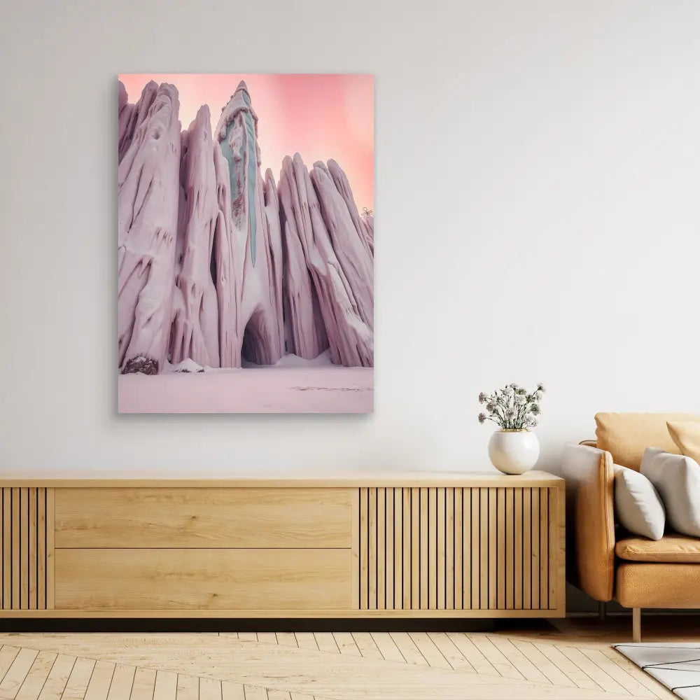 Pink and purple mountain peaks painted on canvas displayed above wooden furniture.