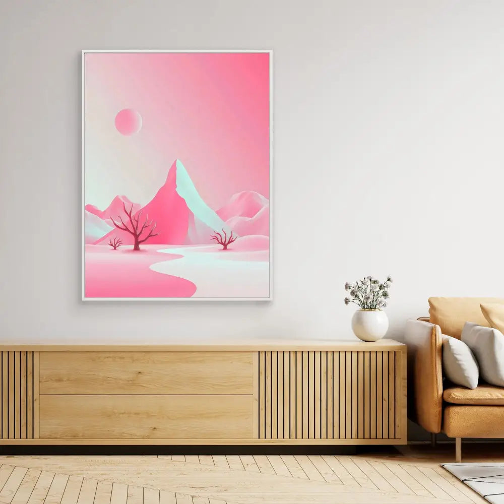 Pink and white minimalist landscape artwork featuring mountains and bare trees.