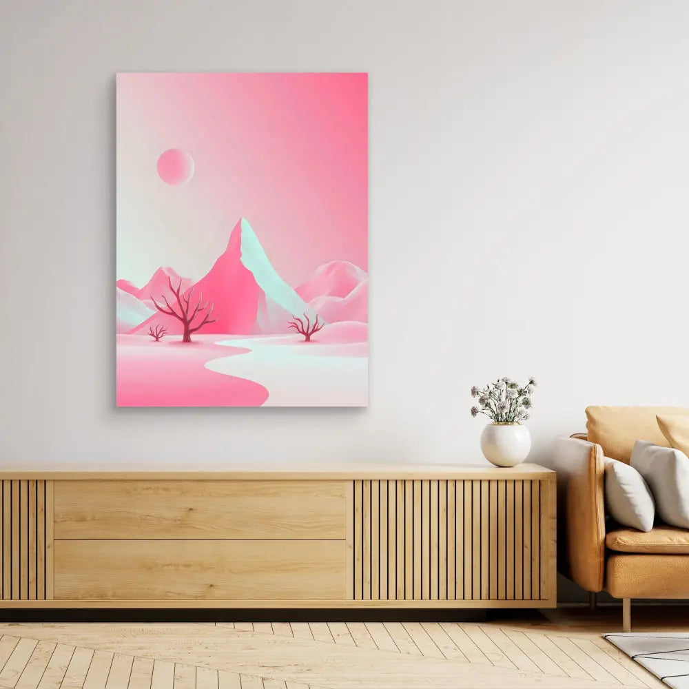 Pink and white minimalist landscape artwork featuring mountains and bare trees.