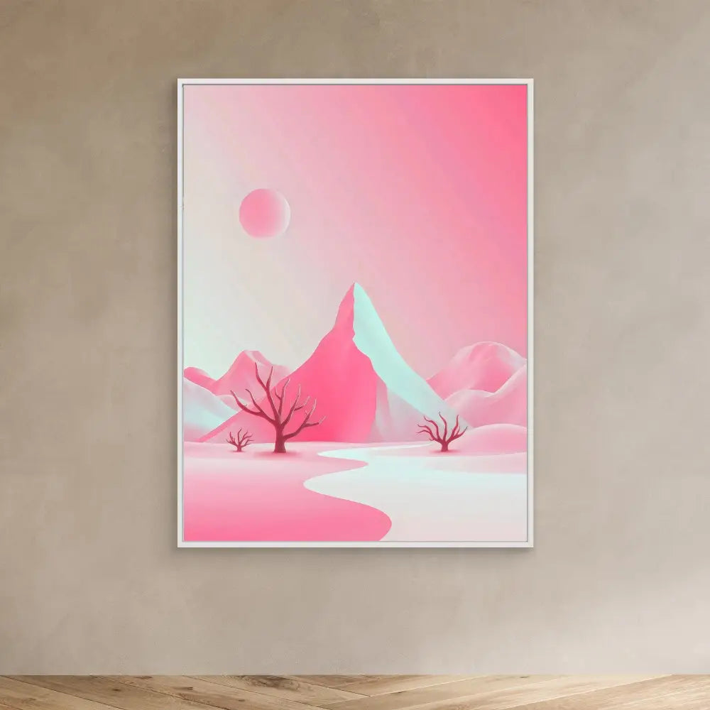 A pink and white minimalist landscape painting featuring a mountain, bare trees, and a winding path.