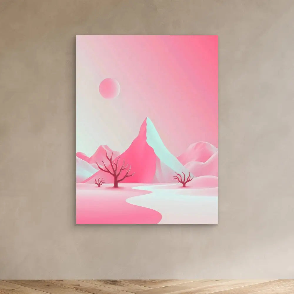 Pink and white minimalist landscape painting featuring a mountain, bare trees, and a sun.