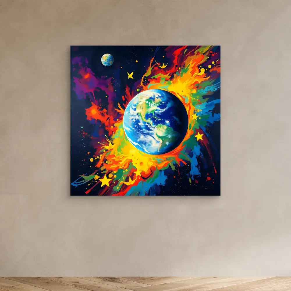 Planet Earth surrounded by vibrant, colorful paint splashes and cosmic elements.