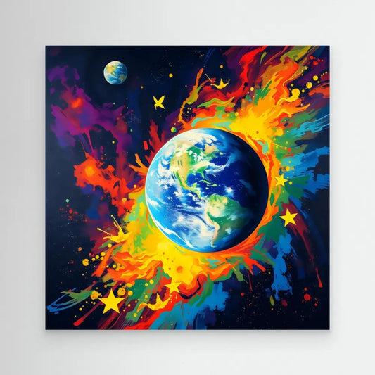 Planet Earth surrounded by vibrant rainbow-colored paint splashes and flames.