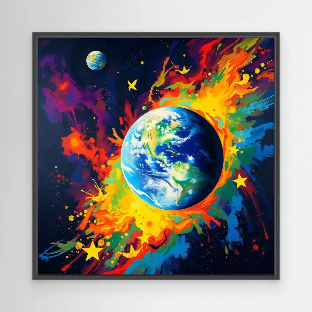 Planet Earth surrounded by vibrant rainbow-colored paint splashes and flames.