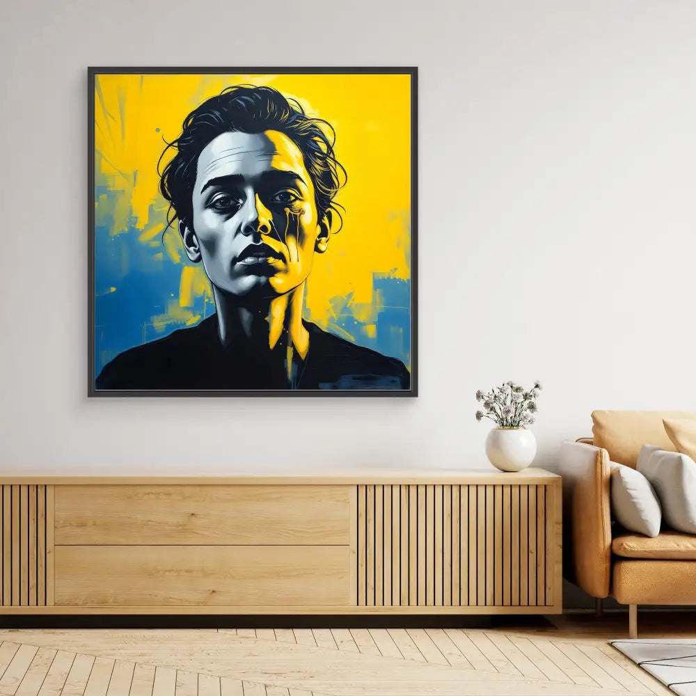 Pop art portrait painting with a dramatic yellow and blue background showing a person’s face in black silhouette style.