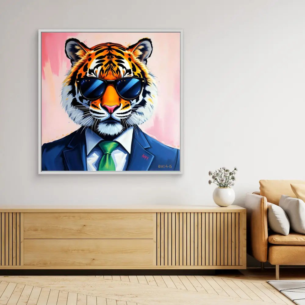 Pop art portrait of a tiger wearing sunglasses, a business suit and green tie.