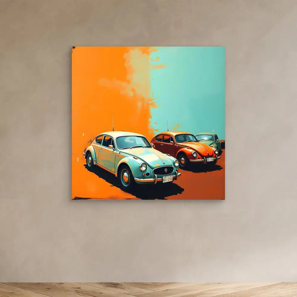 Pop art style canvas print featuring classic Volkswagen Beetles in contrasting orange and turquoise colors.