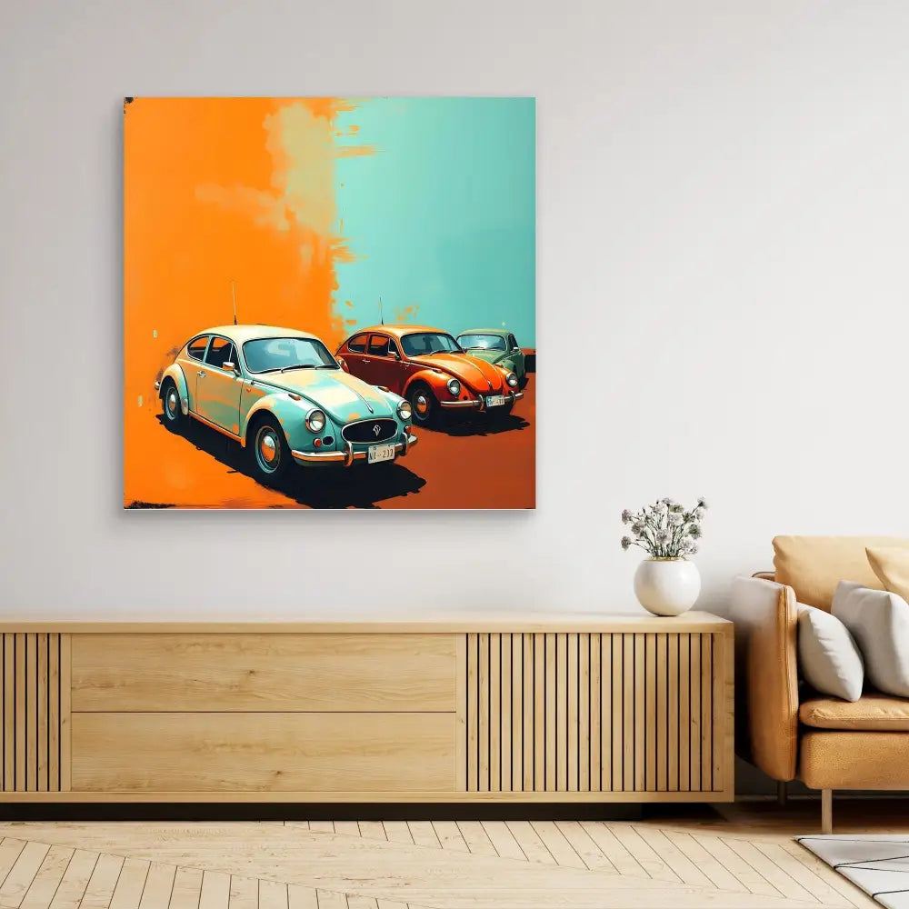 Pop art style canvas print featuring two classic Volkswagen Beetles against a split orange and turquoise background.