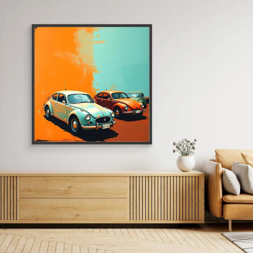 Pop art style framed print featuring two classic Volkswagen Beetles in contrasting colors.