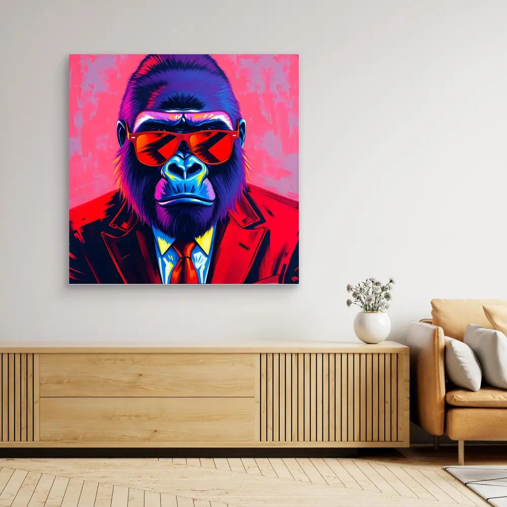 Pop art style gorilla wearing a business suit and red sunglasses against a pink background.