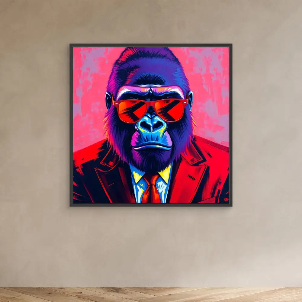 Pop art style gorilla wearing sunglasses and a business suit against a pink backdrop.