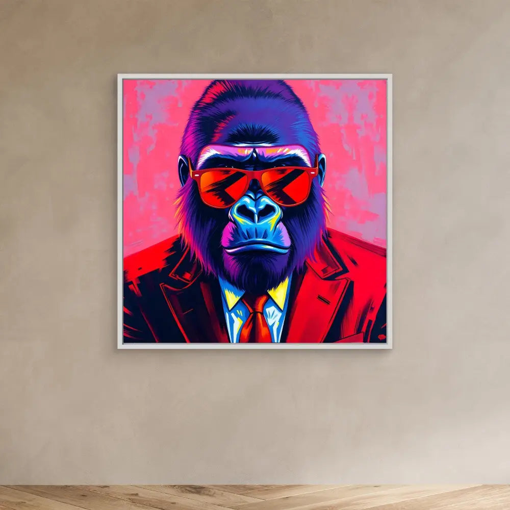 Pop art style gorilla wearing sunglasses and a business suit with red tie.