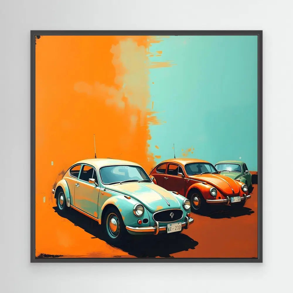 Pop art style painting of classic Volkswagen Beetles in turquoise and orange tones.