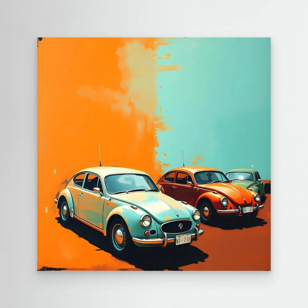 Pop art style painting of classic Volkswagen Beetles in contrasting orange and turquoise colors.