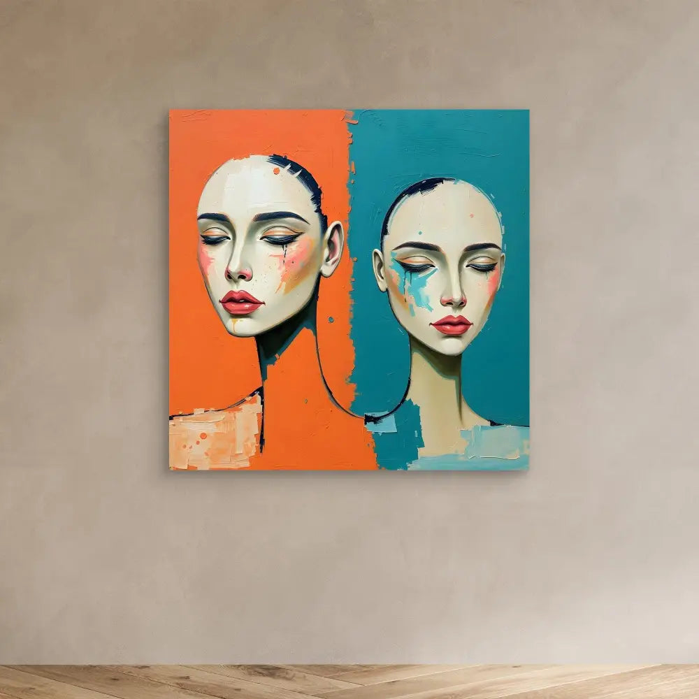 Pop art style painting divided into two panels showing portraits with contrasting orange and turquoise backgrounds.