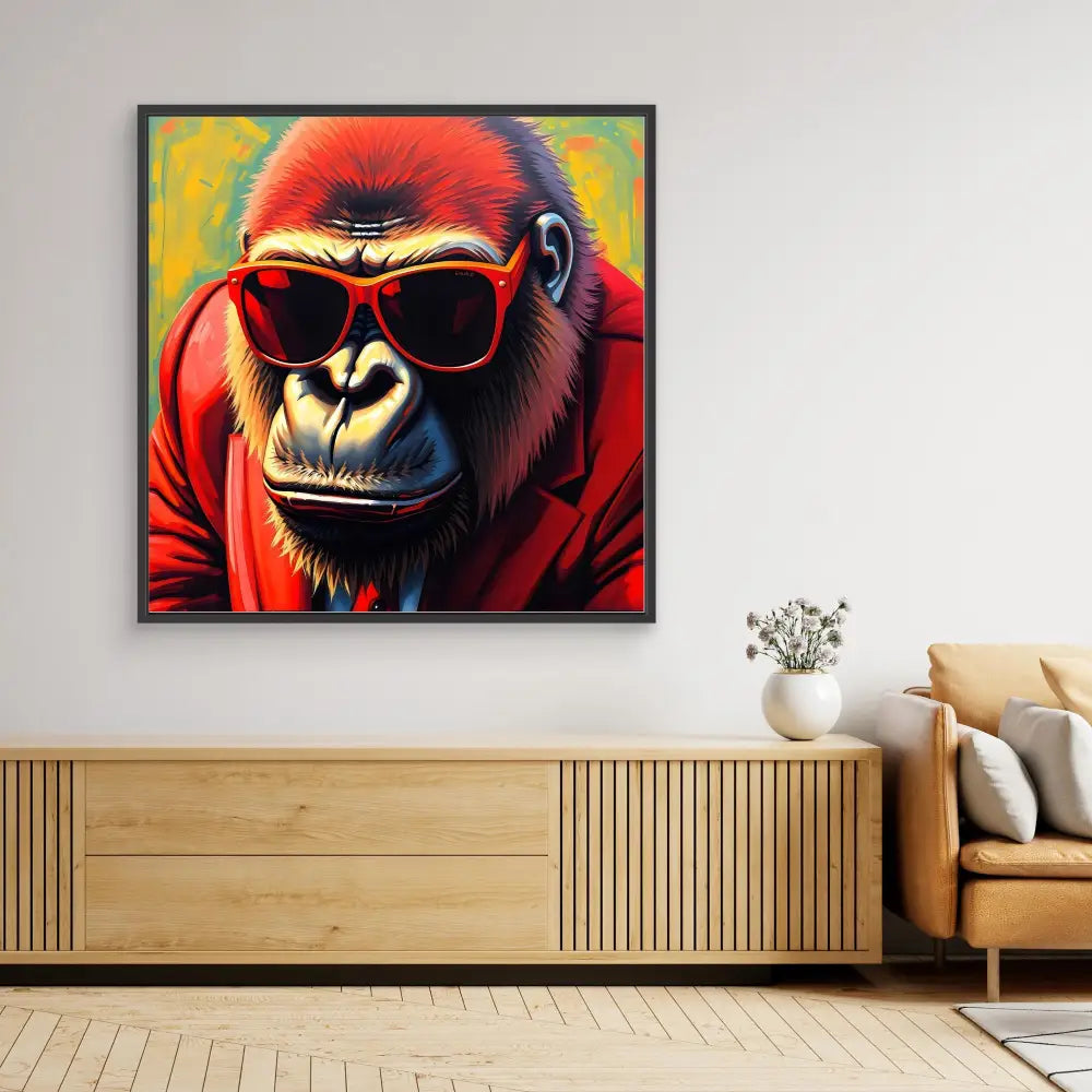 Pop art-style painting of a gorilla wearing red sunglasses.