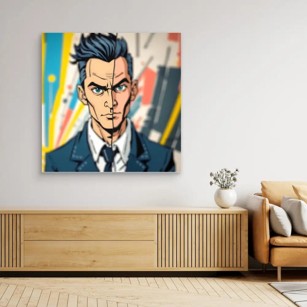 Pop art style portrait of a stern-looking businessman with spiky dark hair in a blue suit and tie.