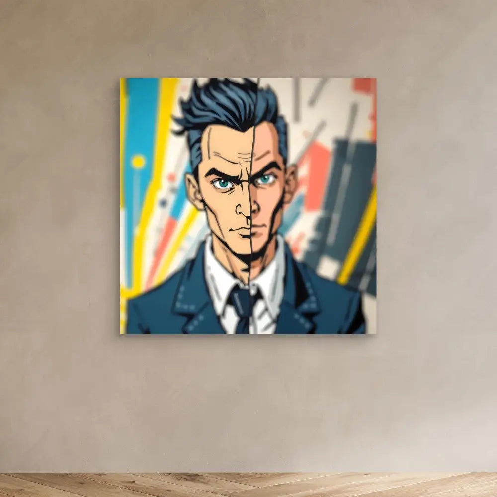 Pop art style portrait of a stern-looking businessman with dark hair and intense blue eyes.