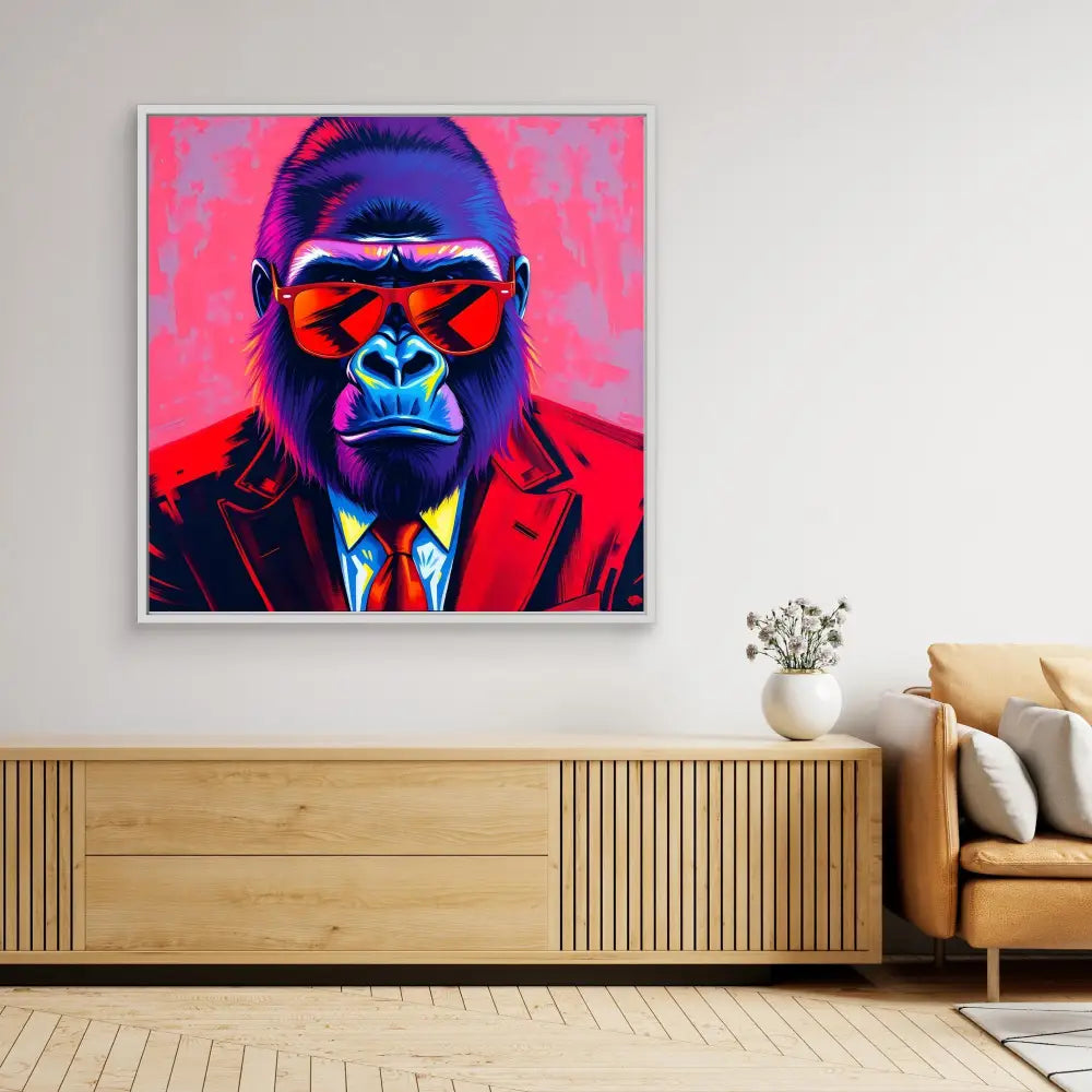 Pop art style portrait of a gorilla wearing a business suit and red sunglasses against a pink background.