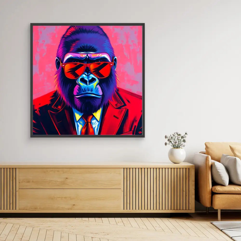 Pop art style portrait of a gorilla wearing a red suit, tie, and sunglasses against a pink background.