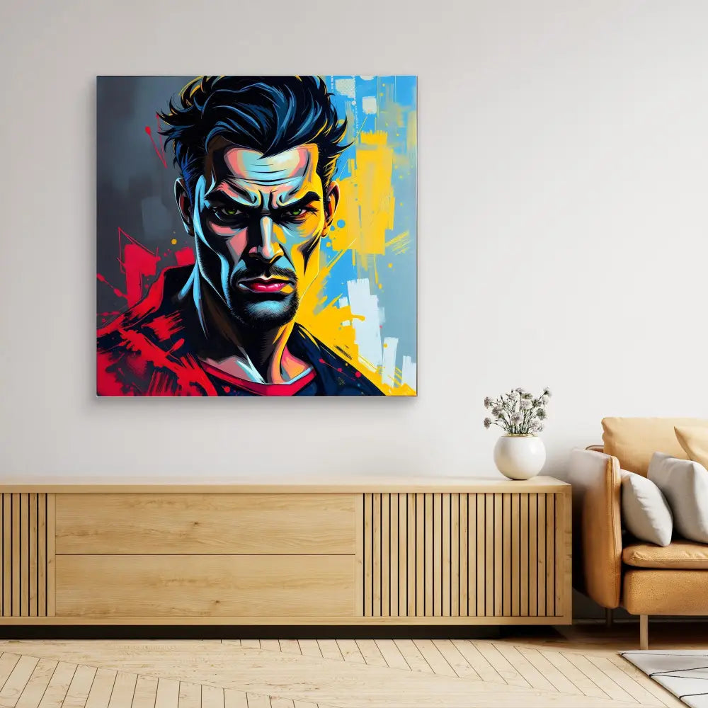 Pop art style portrait painting featuring Superman in bold red, blue, and yellow colors.