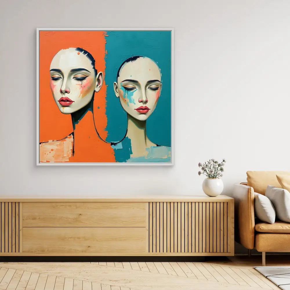 Pop art style portrait painting featuring two contrasting figures against orange and teal backgrounds.