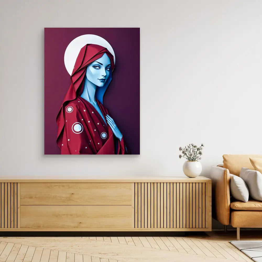 Pop art style portrait painting featuring a blue-skinned figure wearing a red hooded garment with circular decorative elements.