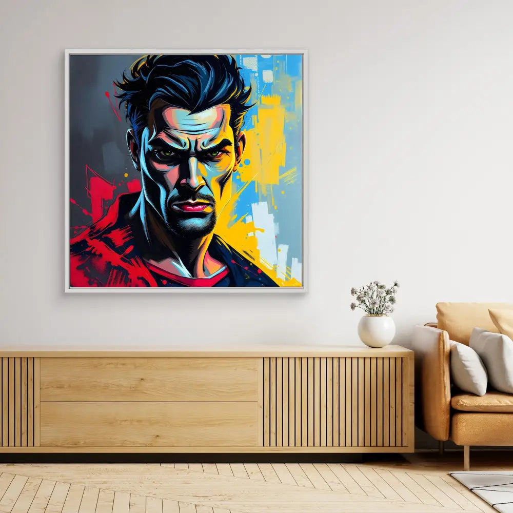 Pop art style portrait painting featuring Superman in bold red, blue and yellow colors.